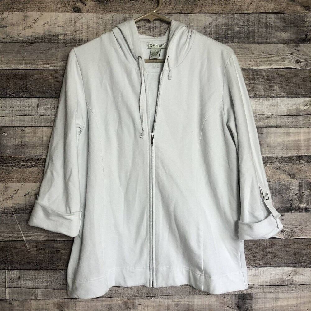 Orvis Women's Hoodie White Full Zip Draw String D Ring Roll Tab Sleeve Small